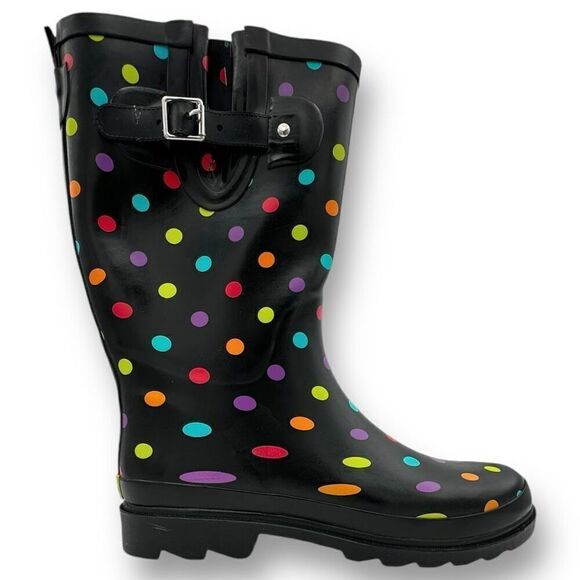 NWOT Western Chief Womens Dot City Tall Rain Boots Black Size 10 - Picture 1 of 13